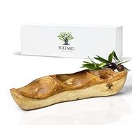 SOLTAKO Assiette Apéritif en Bois d’Olivier - Plateau Apéro à 3 Compartiments - Plat de Service - Bol en Bois Brut pour Fromages, Sauces, Charcuterie, Noix - Bol à Snack - env. 34x10cm