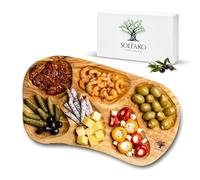 SOLTAKO Assiette Apéritif en Bois d’Olivier - Plateau Apéro à 6 Compartiments - Plat de Service - Bol en Bois Brut pour Fromages, Sauces, Charcuterie, Noix - Bol à Snack