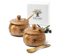 SOLTAKO Boite à Épices avec Cuillères en Bois d'Olivier, Sucrier et Salière, Set de 2 Boites Rangement Cuisine, Pot D'assaisonnement, Pot à Épices Ø 10 cm