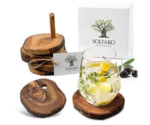 SOLTAKO Dessous de Verre Rustiques en Bois d'Olivier, Lot de 6 sous Verre Résistants à la Chaleur, Rondin de Bois d'Olivier avec Trou, Porte Bougie, Set Rondins Deco, Saint Valentin Décoration