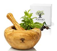SOLTAKO Mortier et Pilon - Ensemble de Mortier et Pilon en Bois d'Olivier - Broyeur pour Poivre, Épices - Mortier Africain - Bois d'Olivier Tunisien - Cuisine Artisanale Ø env.16cm