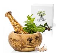 SOLTAKO Mortier et Pilon - Ensemble de Mortier et Pilon en Bois d'Olivier - Broyeur pour Poivre, Épices - Mortier Africain - Bois d'Olivier Tunisien - Cuisine Artisanale Ø env.12cm