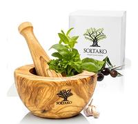 SOLTAKO Mortier et Pilon - Ensemble de Mortier et Pilon en Bois d'Olivier - Broyeur pour Poivre, Épices - Mortier Africain - Bois d'Olivier Tunisien - Cuisine Artisanale Ø env.12cm