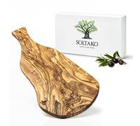 SOLTAKO Planche à Découper en Bois d’Olivier, Rustique avec Manche, pour Fromage, Robuste, Plateau Apéritif, Apéro artisanal (Long. env. 43-45 cm)