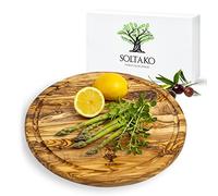 SOLTAKO Planche à Découper Ronde en Bois d’Olivier, Plateau Apéro, Plateau de Fromage Artisanal, pour Charcuterie ou Petit-Déjeuner, Plateau de Service en Bois
