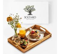 SOLTAKO Plateau de Service en Bois d’Olivier 32 x 22 x 4 cm, Plateau Bois Rectangulaire avec Poignées et Rebords, Plateau Petit Déjeuner, Repas, Apéritif et Présentation