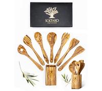 SOLTAKO Ustensiles de Cuisine avec Support, Lot de 7 Cuillères de Cuisine, Spatules, Palettes, Cuillères, Couvert à Salade en Bois d’Olivier Brut, Cuisine Accessoires 30cm