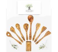 SOLTAKO Ustensiles de Cuisine avec Support, Lot de 8 Cuillères de Cuisine, Spatules, Palettes, Cuillères, Couvert à Salade en Bois d’Olivier Brut, Cuisine Accessoires 30cm