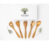 SOLTAKO Ustensiles de Cuisine - Cuillères, Spatules et Palettes Bois d’Olivier - Cuillères de Cuisine en Bois d’Olivier Brut - Spatules, Couvert à Salade, Fourchette, Cuillère à Riz 30cm