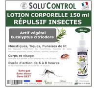 Solu’Control Lotion Répulsive Moustiques 150 mL - Répulsif Corps & Visage sans DEET - Protection 6-8h - Moustique Tigre, Tiques, Puces - Adulte & Enfant +30 mois