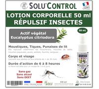 Solu’Control Lotion Répulsive Moustiques 50 mL - Répulsif Corps & Visage sans DEET - Protection 6-8h - Moustique Tigre, Tiques, Puces - Adulte & Enfant +30 mois