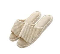 SoLu DAY8 Chausson Ouverte Femme Coton Lin Confort Mignon Pantoufle Femme à Rayures Classique a la Mode Casual Maison Chambre Antidérapant Chaussure (Beige, 37)