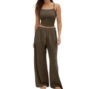 SoLu DAY8 Ensemble 2 Pieces Femme Ete Baggy Pantalon Et Chemise Femme Grande Taille Légère Fluide Fashion Casual Confortable Plage Soirée Cérémonie (Coffee, S)