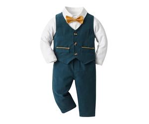 SoLu DAY8 Ensemble Bebe Garçon 4 Pieces 3-24 mois Costume Bébé Garçon Slim Fit élégant Bodys + Gilet + Pantalon + Noeud Papillon Complète Graduation Baptême Cérémonie Mariage Fête (6-9 mois, Bleu)