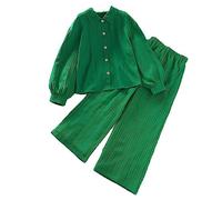 SoLu DAY8 Ensemble Enfant Fille 7-12 ans Printemps Pantalon Jambe Large Et Chemise Manche Longue Chic et élégant Tailleur 2 Pièces Pas Cher Vintage Confortable Mignon Sport (Vert, 7-8 ans)