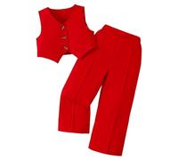 SoLu DAY8 Ensemble Enfant Fille Ete 1-7 ans Gilet Et Pantalon Habillée Large Vêtements Fille Chic pas Cher Confortable Mignon Cérémonie Soirée Fete Mariage Casual Vacances (12-24 mois, Rouge)