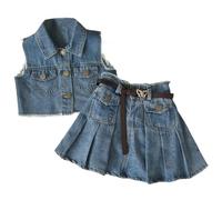 SoLu DAY8 Ensemble Enfant Fille Hiver 2-8 Ans Ensemble Jupe Plissée Et Chemise Gilet Sans manches en Denim Fille Chic Et Elegant Confortable Mignon Habillée Décontractée Vacances Costume