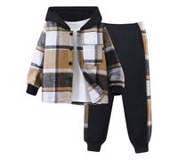SoLu DAY8 Ensemble Enfant Garcon Hiver 2-7 Ans Vêtements Garçons Pantalon Et Haut Top Sweat a Capuche Manches Longues à Carreaux pas Cher Chic Vacances Casual Sport Jogging (Kaki-1, 3-4 ans)