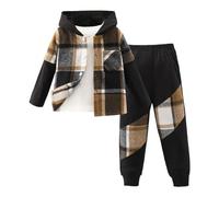 SoLu DAY8 Ensemble Enfant Garcon Hiver 2-7 Ans Vêtements Garçons Pantalon Et Haut Top Sweat a Capuche Manches Longues à Carreaux pas Cher Chic Vacances Casual Sport Jogging (Khaki, 2-3 ans)