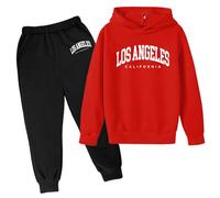 SoLu DAY8 Ensemble Enfant Garcon Hiver 3-13 ans Ensemble Sweat à Capuche Et Pantalon Garçon Manche Longue Pas Cher Los Angeles a la Mode Casual Jogging Vacances Sportswear (Red, 12-13 Years)