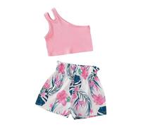 SoLu DAY8 Ensemble Ete Enfant Fille 1-6 Ans Tailleur Crop Top Une épaule Et Short Tropical Enfant Fille Chic Et Elegant Habillée Fluide Pas Cher Confortable Casual Vacances (Pink, 5-6 Years)