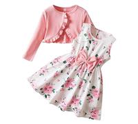 SoLu DAY8 Ensemble Ete Enfant Fille 2-7 ans Cardigan à Volants Manche Longue Et Robe Sans Manche Fleur Fille Pas Cher Chic Confortable Mignon Dessin Animé Fashion Casual Vacances (3-4 Years)