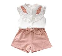SoLu DAY8 Ensemble Ete Enfant Fille 2-7 ans Tailleur Tee Shirt à Volants Et Short Fille Coton Chic et élégant Fluide Broderie de Fleurs Large Casual Confortable Sport Plage (Blanc-a, 3-4 ans)