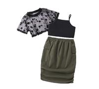 SoLu DAY8 Ensemble Ete Enfant Fille 7-12 Ans Haut Crop Top Dentelle Transparent + Camisole Corset + Jupe Tailleur Chic Ado Fille Pas Cher Fashion Confortable Casual Vacances (Black, 9-10 Years)