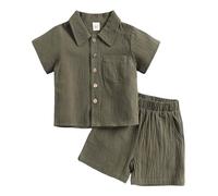 SoLu DAY8 Ensemble Ete Enfant Garcon Age 1-12 ans Short et Chemise Manche Courte à Bouton Garçon Coton Lin Pas Cher Ample Confortable Mignon a la Mode Casual Jogging Vacances (Army Green, 4-5 Years)