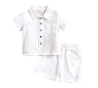SoLu DAY8 Ensemble Ete Enfant Garcon Age 1-12 ans Short et Chemise Manche Courte à Bouton Garçon Coton Lin Pas Cher Ample Confortable Mignon a la Mode Casual Jogging Vacances (White, 5-7 Years)