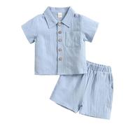 SoLu DAY8 Ensemble Ete Enfant Garcon Age 1-12 ans Short et Chemise Manche Courte à Bouton Garçon Coton Lin Pas Cher Ample Confortable Mignon a la Mode Casual Jogging Vacances (Blue, 2-3 Years)