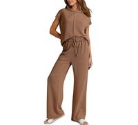 SoLu DAY8 Ensemble Femme Ete 2 Pieces Baggy Pantalon Et Blouse Femme Grande Taille Fluide Legere a la Mode Casual Confortable Plage Soirée Cérémonie (Brown, S)