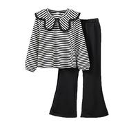 SoLu DAY8 Ensemble Hiver Enfant Fille 7-12 ans Vêtements Ado Fille Haut Chemise à Rayée Et Pantalon Bootcut Chic Fashion Mignon Confortable Casual Vacances Ample Tracksuit (Black, 11-12 ans)