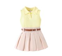 SoLu DAY8 Ensembles Enfant Fille 0-4 Ans été 2 Pièces Tailleur Ete Crop Top Sans Manches Gilet à Tricot Et Jupe Plissé Fille Chic Ample Confortable Habillée Casual Vacances (Khaki, 6-12 mois)