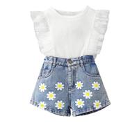 SoLu DAY8 Ensembles Enfant Fille 1-6 Ans 2 Pièces Ensemble Fille Ete Top Chemise Sans Manches à Volants Et Short En Jean Fleur Chic Ample Confortable Habillée Casual Vacances (White, 12-18 mois)