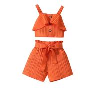 SoLu DAY8 Ensembles Enfant Fille 1-6 Ans été 2 Pièces Tailleur Ete Crop Top Camisole à Volants Et Short avec Ceinture Fille Chic Ample Confortable Habillée Casual Vacances (Orange, 5-6 ans)