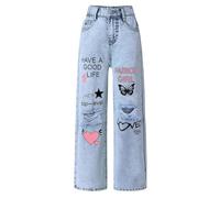 SoLu DAY8 Jean Enfant Fille Troué à La Mode 4-14 Ans Mignon Dessin Animé Pantalon Denim Baggy Ado Fille Jambe Large Confortable Pas Cher Chic école Casual Vacances (Light Blue, 10-11Years)