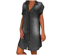 SoLu DAY8 Robe Chemise Femme Jeans Chic Manche Courte Robe à Boutons Femme Ete Denim Ample Grande Taille Vintage Poches Mini Sexy Plage Chic Pas Cher (XXL, Noir)