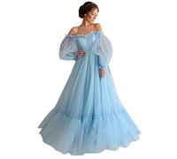 SoLu DAY8 Robe Cocktail Mariage Chic et Elegant Longue en Tulle Robe Bustier Femme Soiree cérémonie Robe Demoiselle d'honneur Femme Manche Longue Maxi Robe de Bal mariée Femme Pas Cher (Blue, M)