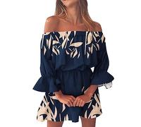 SoLu DAY8 Robe de Plage Femme ete Courte Sexy Robe Boheme Chic Femme Fleurie Bustier Grande Taille Robe Femme Manches 3/4 Volants Epaule Denudee Mini Robe Retro Ample Casual Mode Pas Cher (Navy, XL)