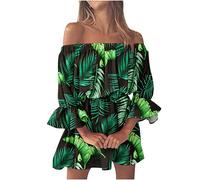 SoLu DAY8 Robe de Plage Femme ete Courte Sexy Robe Boheme Chic Femme Fleurie Bustier Grande Taille Robe Femme Manches 3/4 Volants Epaule Denudee Mini Robe Retro Ample Casual Mode Pas Cher (Green, XL)