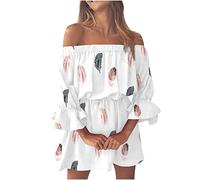 SoLu DAY8 Robe de Plage Femme ete Courte Sexy Robe Boheme Chic Femme Fleurie Bustier Grande Taille Robe Femme Manches 3/4 Volants Epaule Denudee Mini Robe Retro Ample Casual Mode Pas Cher (White, XL)