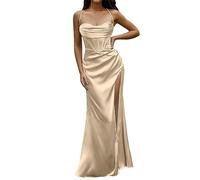 SoLu DAY8 Robe De Soiree Femme Longue Chic Et Glamour Robe Ceremonie Cocktail Femme sans Manches Decollete Dos Nu Bandage Fendue Maxi Vintage Retro Corset Bustier (Beige, XL)