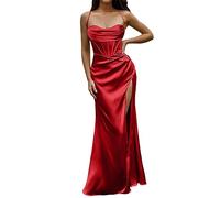 SoLu DAY8 Robe de Soiree Femme Longue Chic et Glamour Robe Ceremonie Cocktail Femme sans Manches Decollete Dos Nu Bandage Fendue Maxi Vintage Retro Corset Bustier (Red, M)