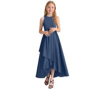 SoLu DAY8 Robe de Soirée Fille 2-14 Ans sans Manches Habillée Mariage Cérémonie Robe Ado Fille Princesse Chic et Elegant Leger Fluide Casual Confortable Vacances Dress (9-10 Ans, Bleu foncé)
