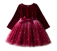 SoLu DAY8 Robe Enfant Fille Ceremonie 2-7 Ans Noel Hiver Princesse Chic Et Elegant Anniversaire Mariage Habillée Velours Avec Tulle Manche Longue Bowknot (3-4 Ans, Rouge)