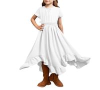 SoLu DAY8 Robe Enfant Fille été Manches Courtes a la Mode Robe Princesse Ado Fille Chic Et Elegant à Fleurs Volants Bapteme Anniversaire Soirée Vacances Casual Plage (White, 6-7 Years)