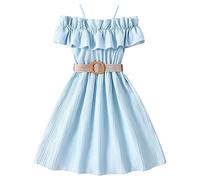 SoLu DAY8 Robe été Enfant Fille sans Manches a la Mode Robe De Princesse Ado Fille Chic Et Elegant à Volants Fleur Bapteme Anniversaire Soirée Vacances Casual Plage (Blue, 7-8 Years)