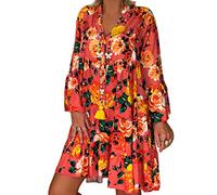 SoLu DAY8 Robe Ete Femme Boheme Courte Col V Mini Robe de Plage Femme Grande Taille S-5 XL Casual Fleurie Ample Pas Cher Casual Décontracté Lâché Vacances (Orange, S)