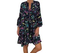 DAY8 Robe Femme SoLu Ete Boheme Courte Col V Mini Robe de Plage Femme Grande Taille S-5 XL Casual Fleurie Ample Pas Cher Csual Décontracté Lâché Vacances (Noir, XXL)